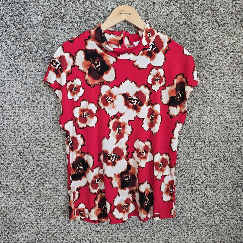 Calvin Klein Top Womens Large Red Floral Print Mock Neck Blouse Zip Casual